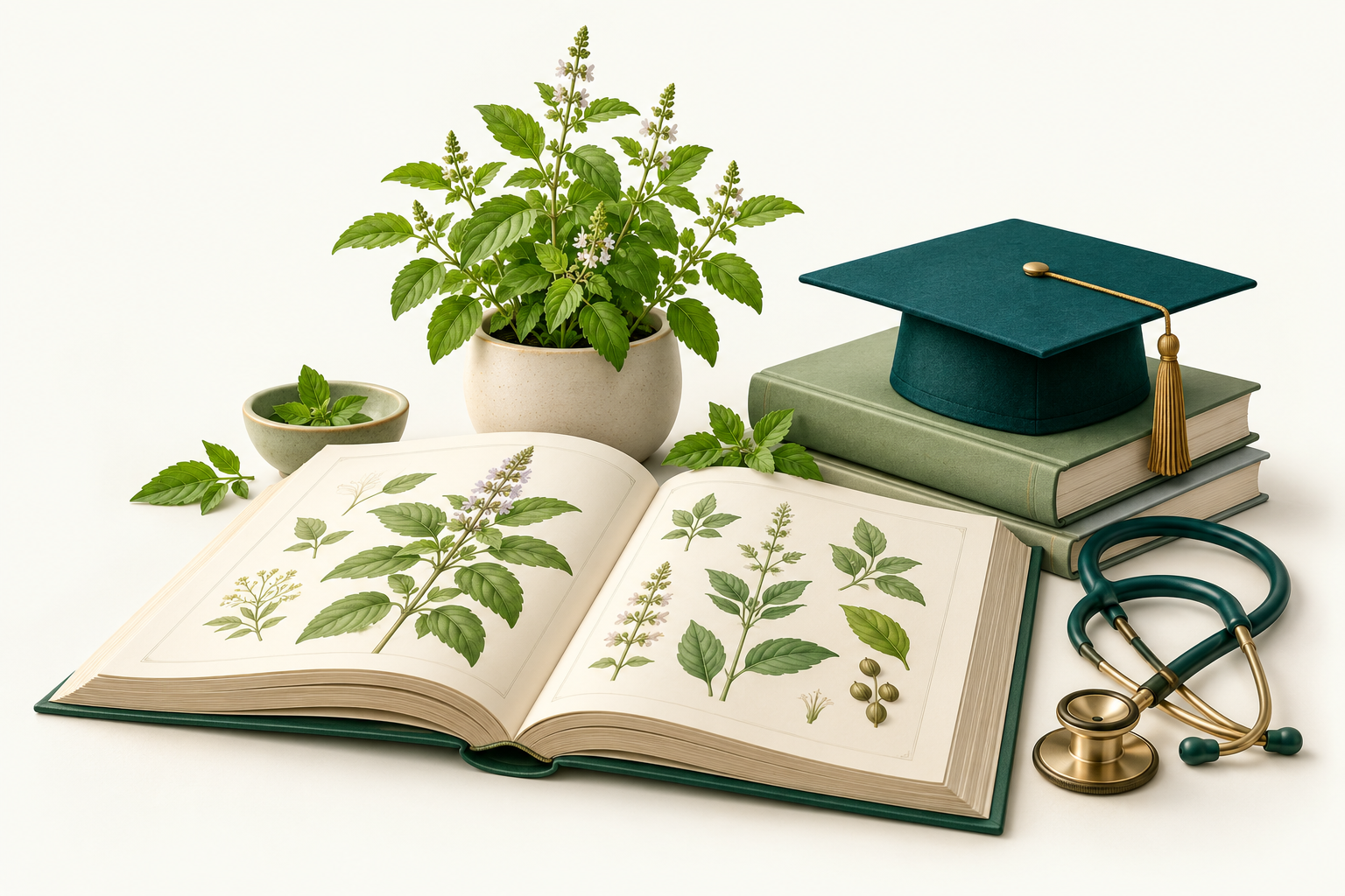 Botanical study books, a graduation cap and a stethoscope in the AYUSH brand colours